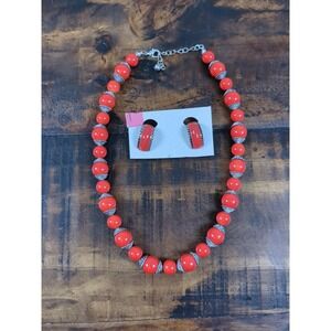 Silver Tone & Red Enamel Beaded‎ Necklace w Matching Clipon Earrings
